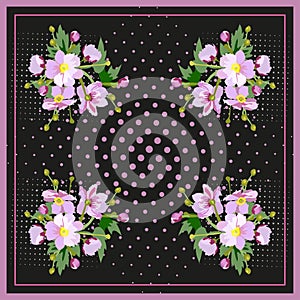 Floral pattern. Bouquet of pink flowers with leaves on dark background with pink dots, vector illustration for headscarf fabric
