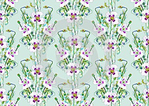 Floral pattern with a bouquet of white poppy flowers on a light green background