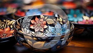 Floral pattern bowl collection, antique earthenware vase, Chinese culture ceramics generated by AI