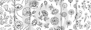 Floral pattern bundle. Flower rose dandelion magnolia seamless texture. Wild garden flowers sketch vector background set