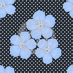 Floral pattern on a dark blue background with polka dots. Seamless sample with big blue flowers