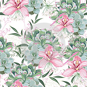 Floral pattern, delicate flower wallpaper, white herbs, pink orchid and green pink succulent.