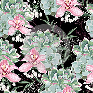 Floral pattern, delicate flower wallpaper, white herbs, pink orchid and green pink succulent.