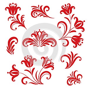Floral pattern design element set. Ornamental flowers in russian