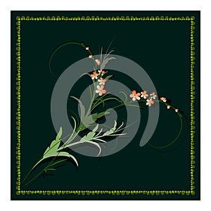 Floral pattern for the design of scarf, shawl, hijab. Twig with small pink flowers on a dark green background, vector