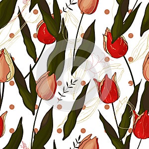 Tulips. Hand drawn style on background. Seamless vector texture.