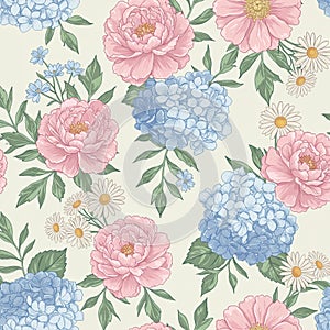 Floral pattern featuring pink peonies (Paeonia), blue hydrangeas (Hydrangea