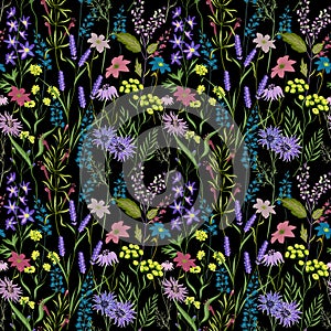 Floral pattern with forest flower.Vintage fashion.Floral romantic black background for textile, fabric, covers