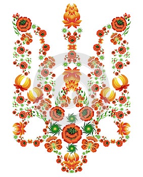 Floral pattern in the form of the coat of arms of Ukraine in the style of painting Petrykivka. photo