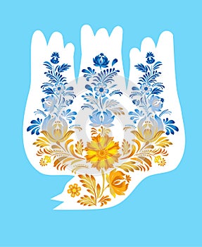 Floral pattern in the form of dove and trident - small coat of arms of Ukraine in the style of painting Petrykivka