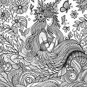 Floral pattern girl, Mavka coloring page adults and children. Printable black and white. Raster, generative ai.