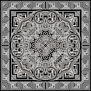 Floral pattern with greek square frame. Vector ornamental black and white ethnic background. Tribal repeat backdrop