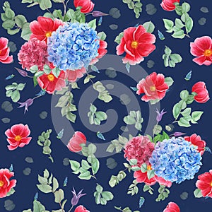 Floral pattern with hydrangeas, watercolor painting