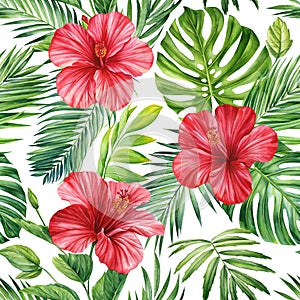 Floral pattern. Jungle palm leaves and hibiscus flower. Tropical background, seamless pattern. Flora painting watercolor