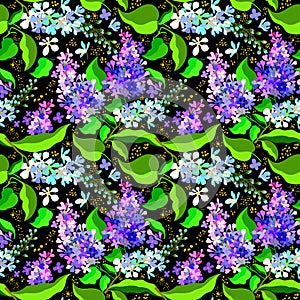 Floral pattern with lilac and bird cherry. Bright seamless floral pattern.