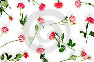 Floral pattern made of red roses and eucalyptus branches on white background. Valentine`s background. Floral pattern