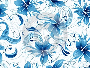 Floral pattern with orange and blue flowers on a white background with swirls and leaves