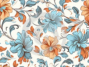 Floral pattern with orange and blue flowers on a white background with swirls and leaves on background