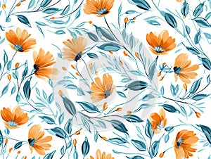 Floral pattern with orange and blue flowers on a white background with swirls and leaves on background