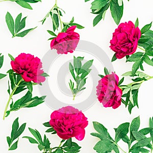 Floral pattern of peony and leaves on white background. Flat lay, top view. Pattern made of flowers