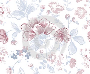 Floral pattern. Pink and blue flowers background. Hand drawn vector illustration