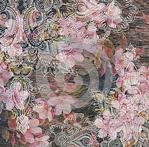 Floral pattern - pink flowers, eastern ethnic design, wood texture