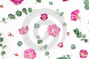 Floral pattern of pink flowers and eucalyptus branches on white background. Flat lay, top view. Valentines day background