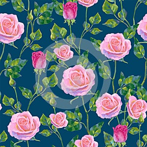 Floral pattern with pink roses on blue background. Vector seamless pattern with oil or acrylic painting roses