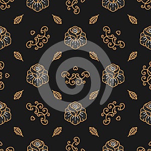 Floral pattern seamless, Golden Rose linear icons, Trendy hipster background