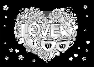 Floral pattern in the shape of a heart with a text love for valentines day. Vector Coloring book page for adults on