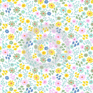 Floral pattern with small colorful cute flowers on a white background. Vintage pastel color pretty yellow, pink, blue tiny flowers