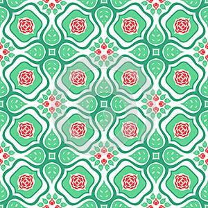 Floral pattern with stylized red roses and leaves