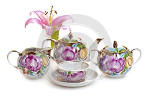 Floral pattern tea set with pink lily flower