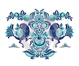 Floral pattern with two birds in Gorodets style