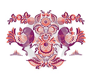 Floral pattern with two birds in Gorodets style