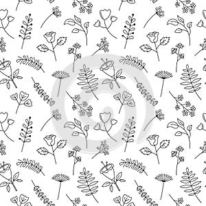 Floral pattern vector black and white seamless background. Cute hand drawn flowers, leaf elements. Decorative plants