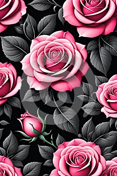 Floral pattern wallpaper art, with blooming rose flower and fundo black, leaves, abstract pattern photo