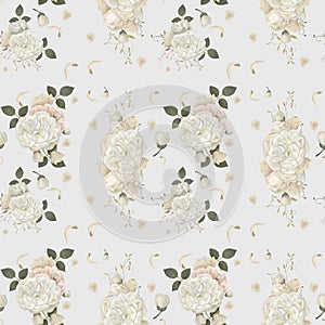 Floral pattern with white flowers and green leaves. Patterns, fabric