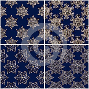 Floral patterns. Set of golden blue seamless backgrounds