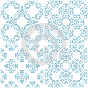 Floral patterns. Set of light blue elements on white. Seamless backgrounds