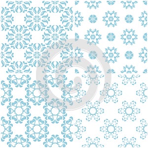 Floral patterns. Set of light blue elements on white. Seamless backgrounds