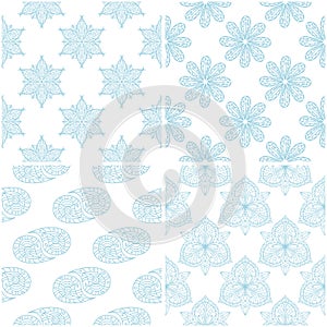 Floral patterns. Set of light blue elements on white. Seamless backgrounds