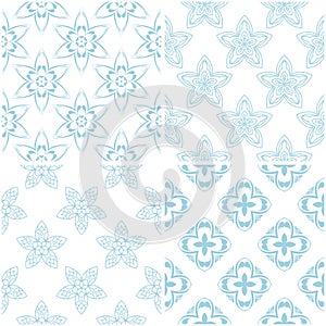 Floral patterns. Set of light blue elements on white. Seamless backgrounds