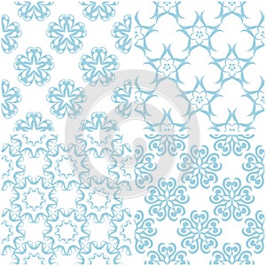 Floral patterns. Set of light blue elements on white. Seamless backgrounds