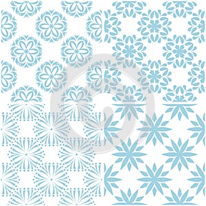 Floral patterns. Set of light blue elements on white. Seamless backgrounds