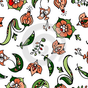 Floral and pea-coal hand drawn seamless pattern