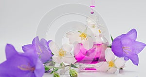 Floral perfume. Oil Essence with Flowers, Drops falling from cosmetic pipette to glass bottle with perfume