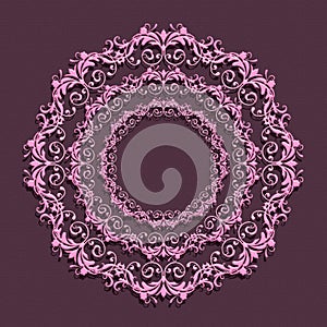 Floral pink mandala on purple background.