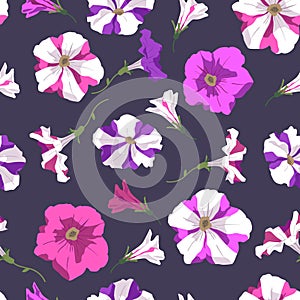 Floral pink and striped petunia background. Seamless pattern