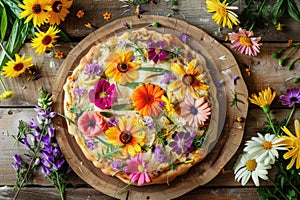 Floral Pizza on Wooden Background with Edible Flower Toppings and Golden Crust Enhanced by Soft Lighting